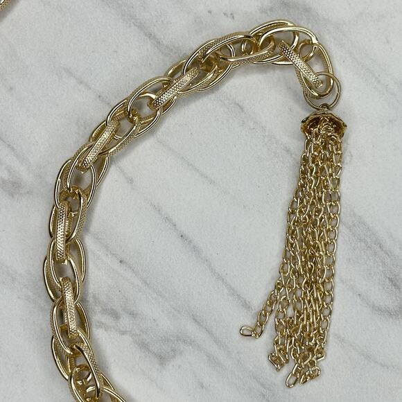 Gold Tone Tassel Chain Link Open Wrap Necklace - Picture 3 of 11